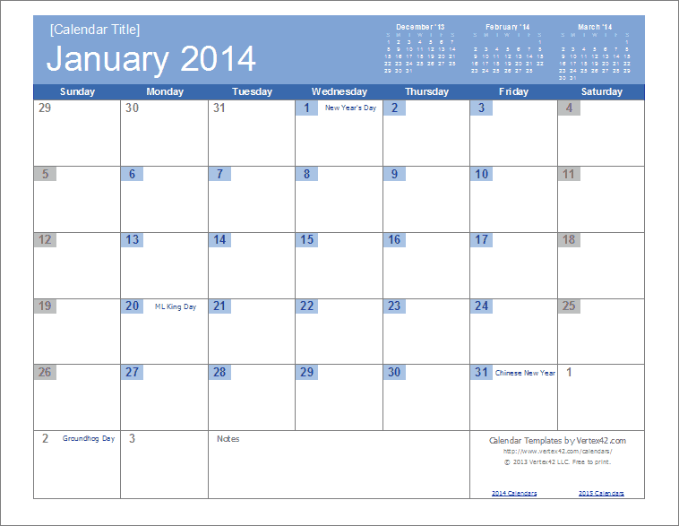 12 Month Calendar 2014 Template