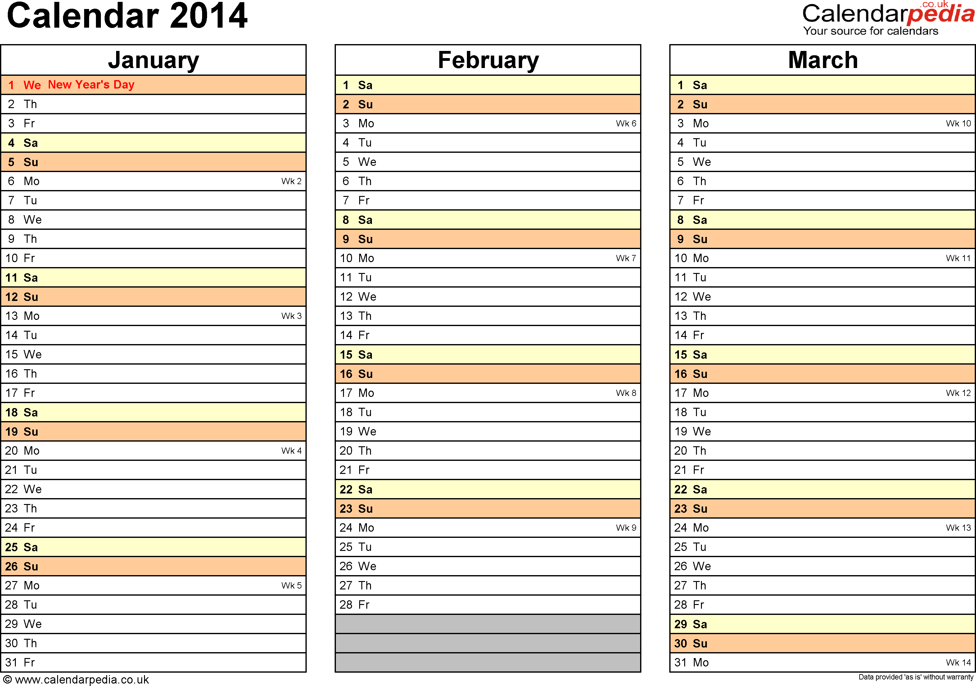 12 Month Calendar 2014 Template