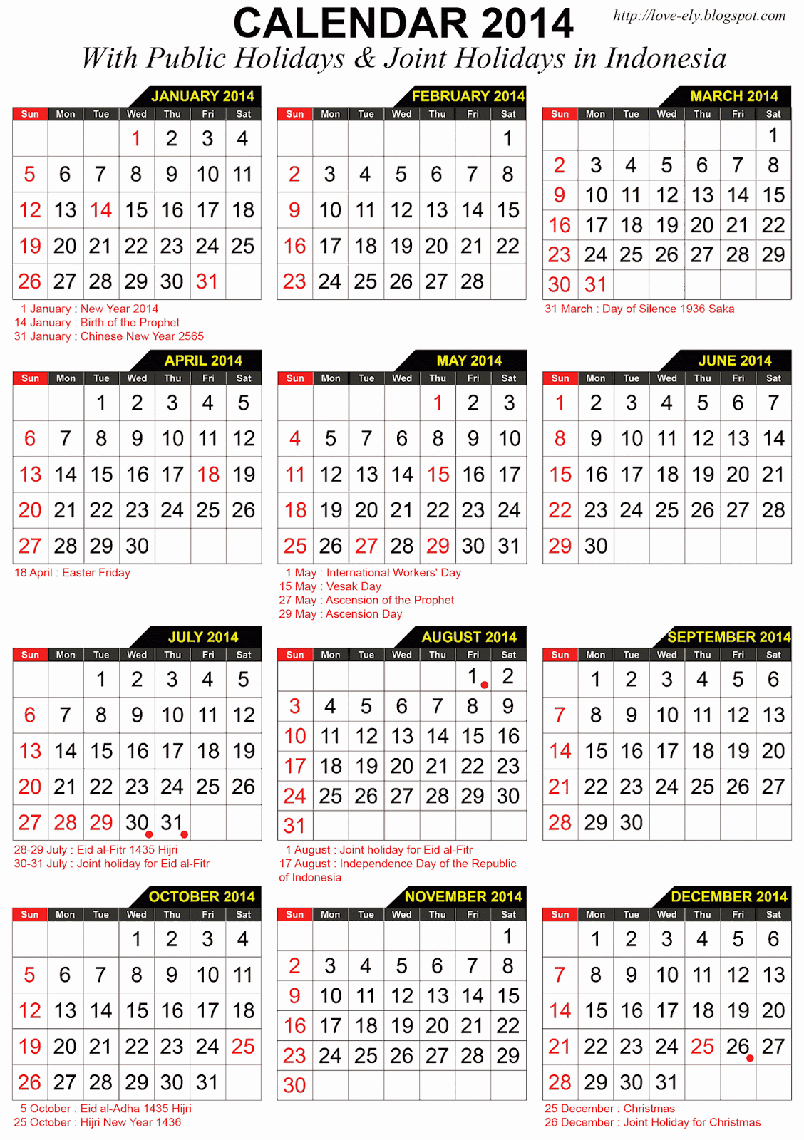 2013 Calendar 2014 With Holidays