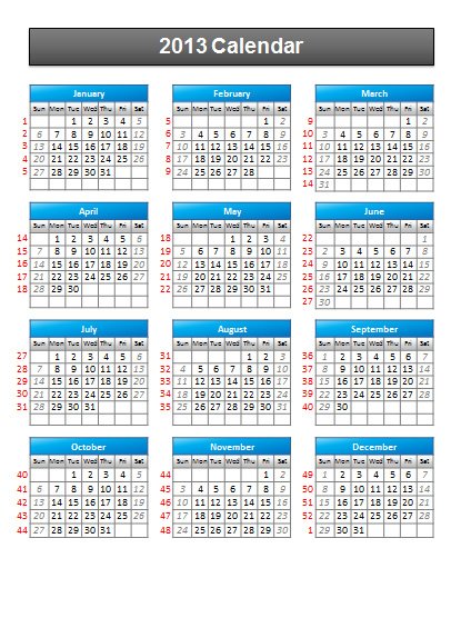 2013 Monthly Calendar Template Excel