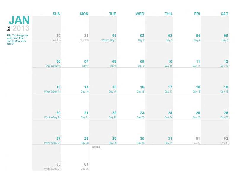 2013 Monthly Calendar Template Excel