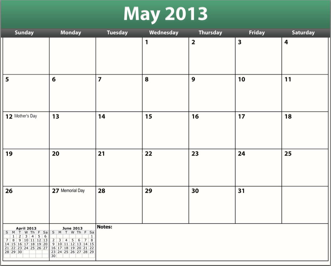 2013 Monthly Calendar Template Excel