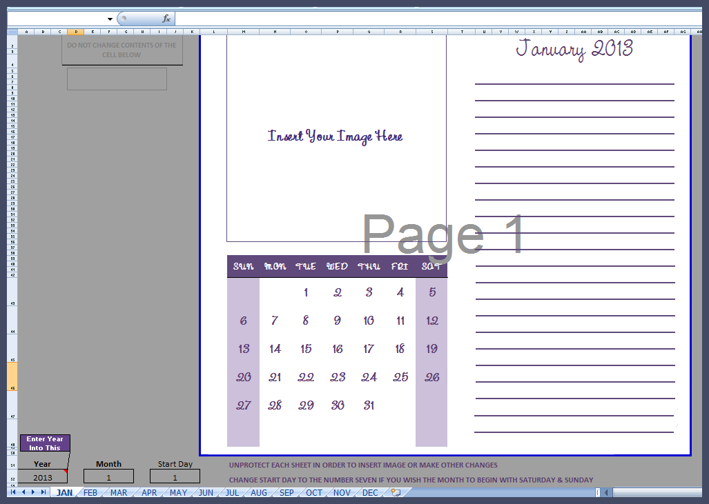 2013 Monthly Calendar Template Excel