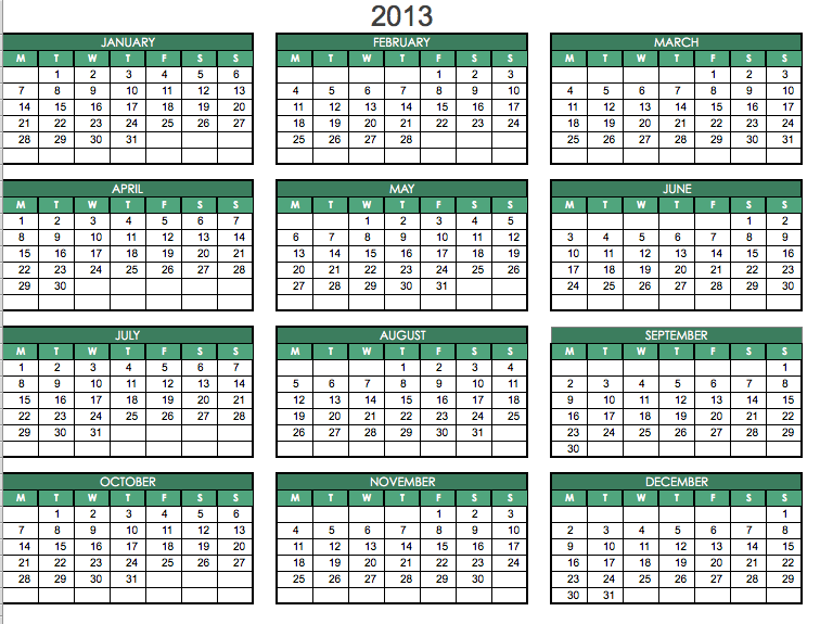 2013 Yearly Calendar Template Excel