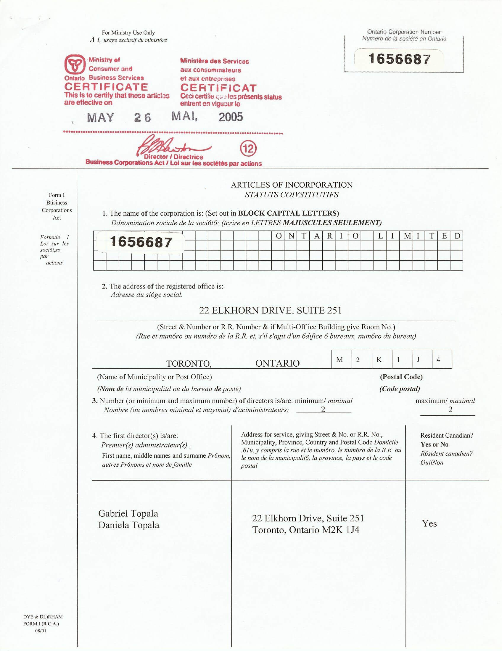 Articles Of Incorporation Ontario Online