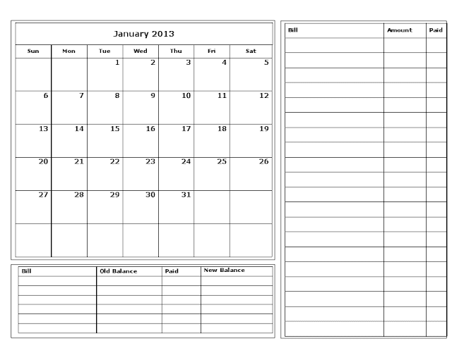 Bill Calendar Template Printable