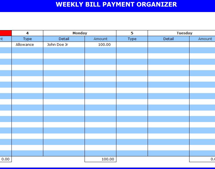 Bill Calendar Template Printable