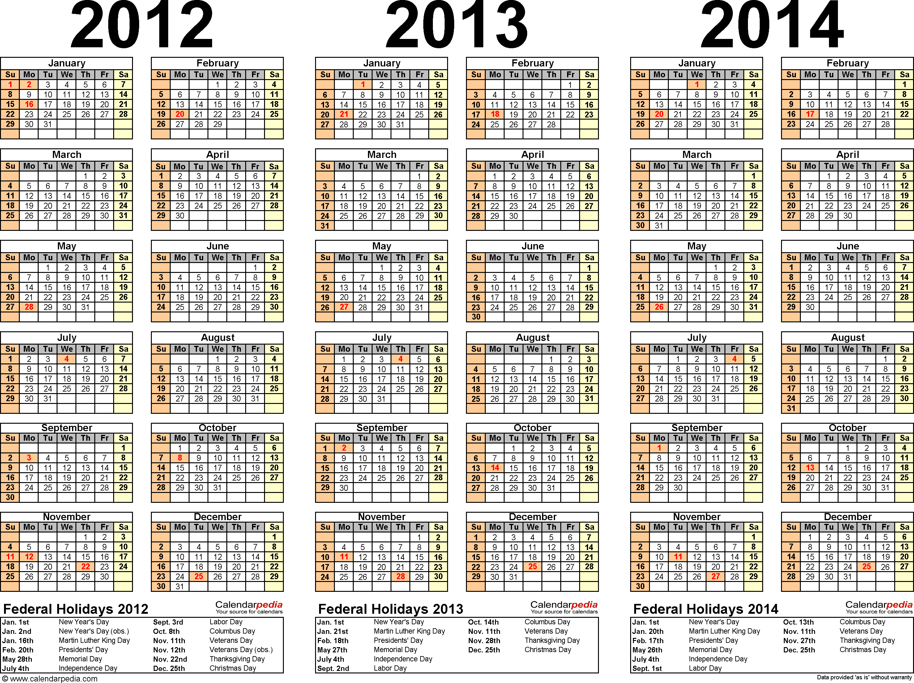 Calendar 2012 And 2013 And 2014