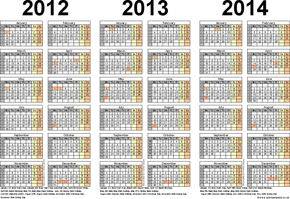 Calendar 2012 And 2013 And 2014