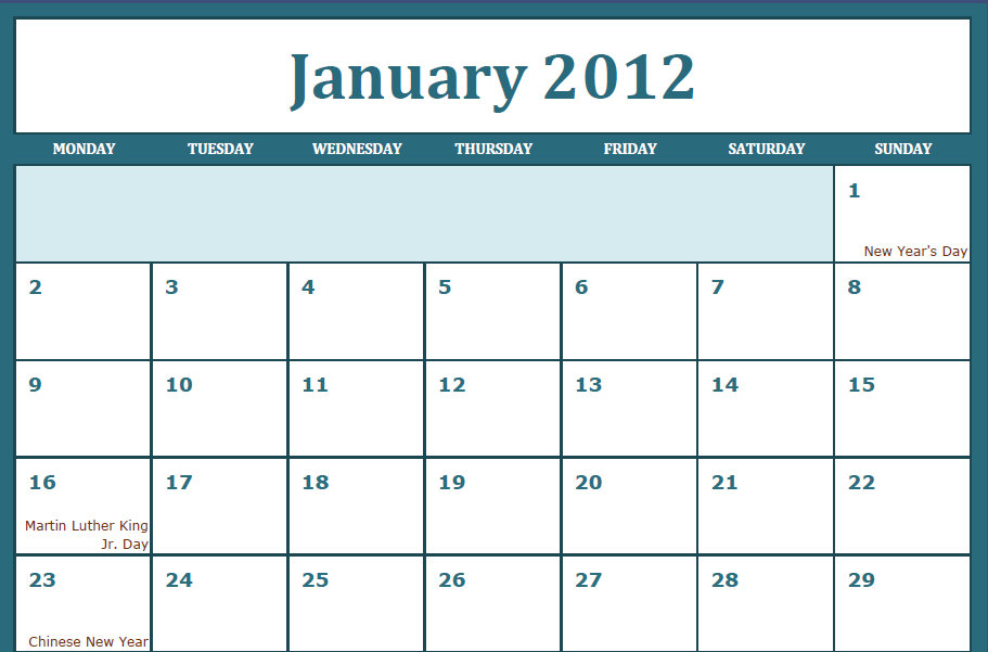 Calendar 2012 Printable