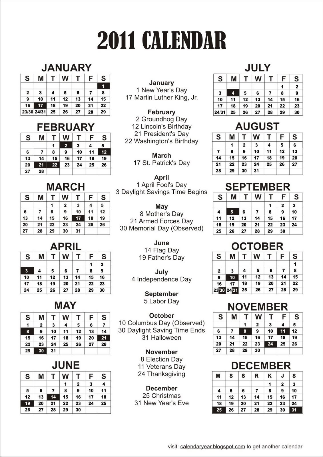 Calendar 2012 With Holidays