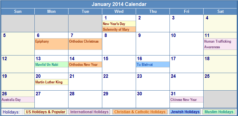 Calendar 2014 January