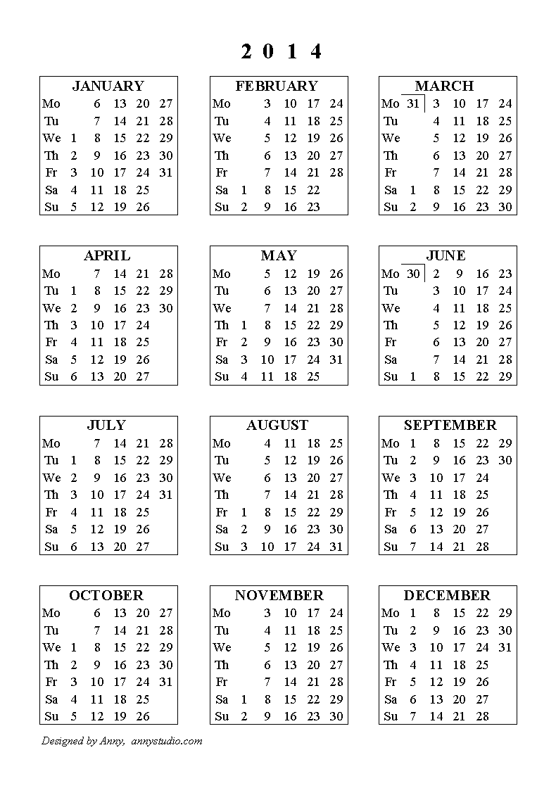 Calendar 2014 Printable