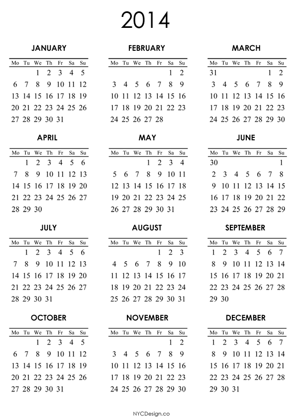 Calendar 2014 Printable Free