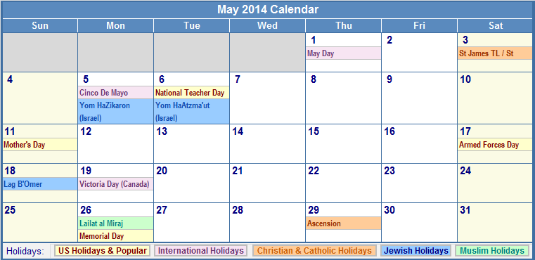 Calendar 2014 With Holidays