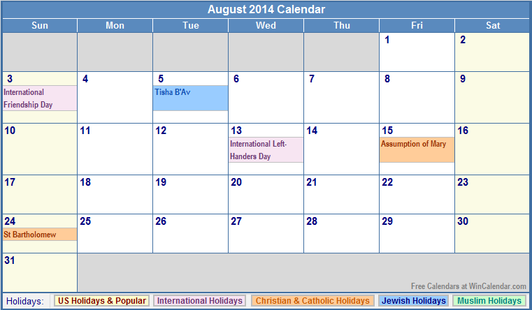 Calendar 2014 With Holidays