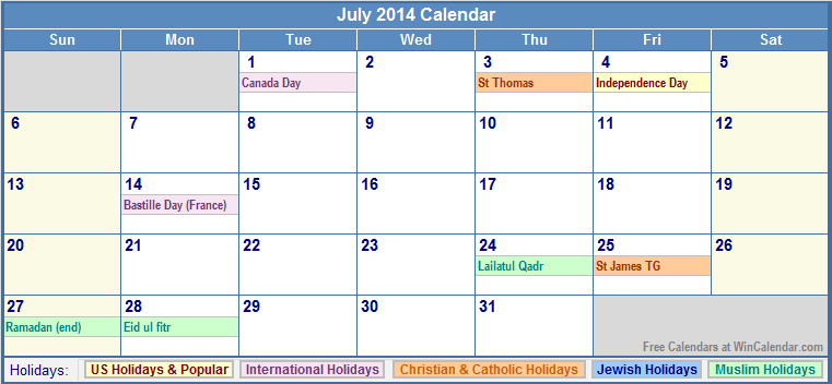 Calendar 2014 With Holidays