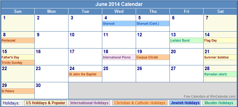 Calendar 2014 With Holidays