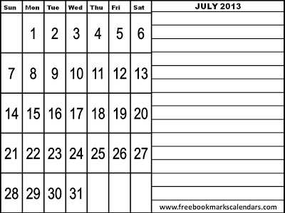 Calendar July 2013 Printable Free