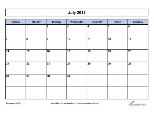 Calendar July 2013 Printable Free