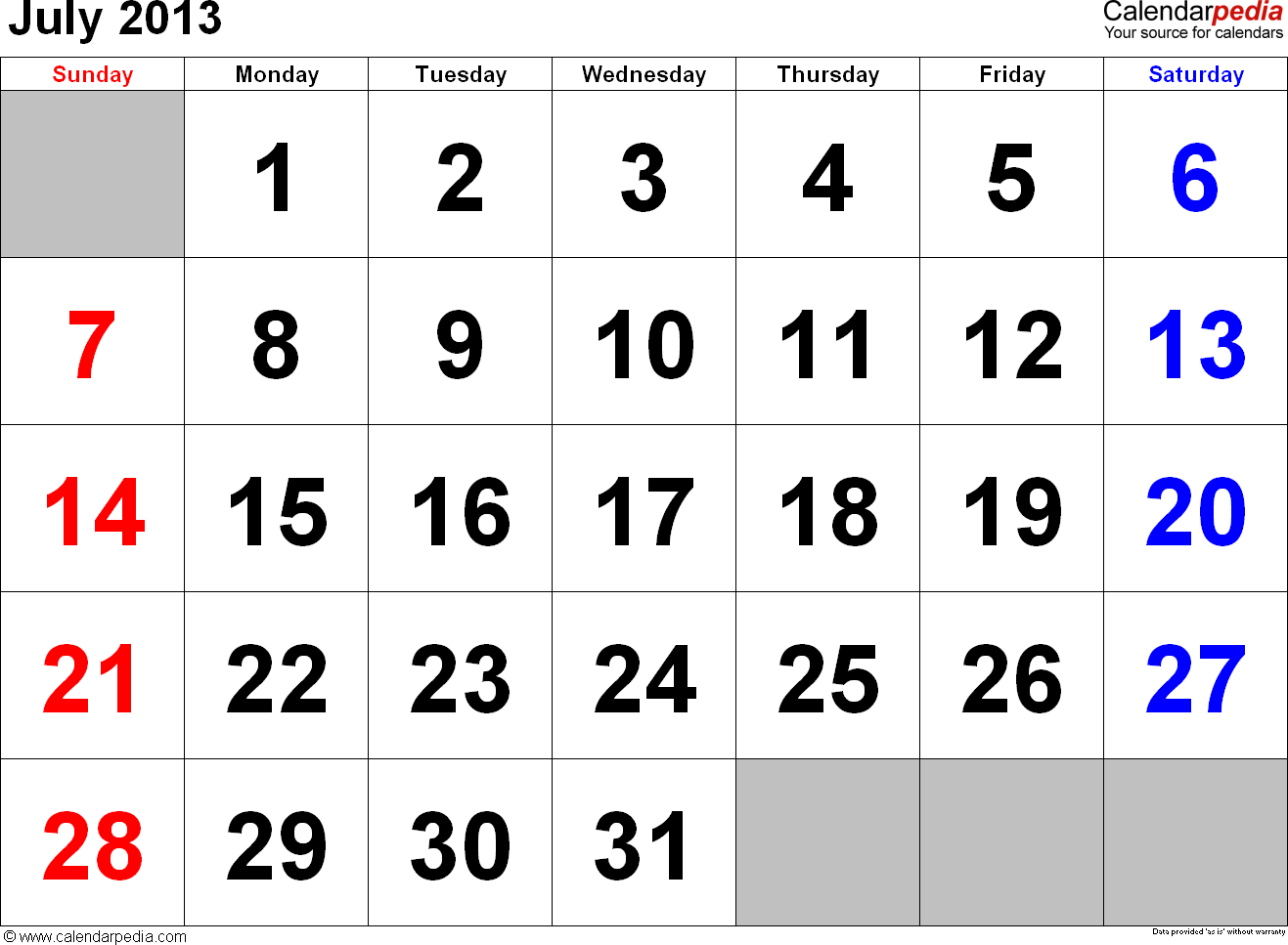 Calendar July 2013 Template