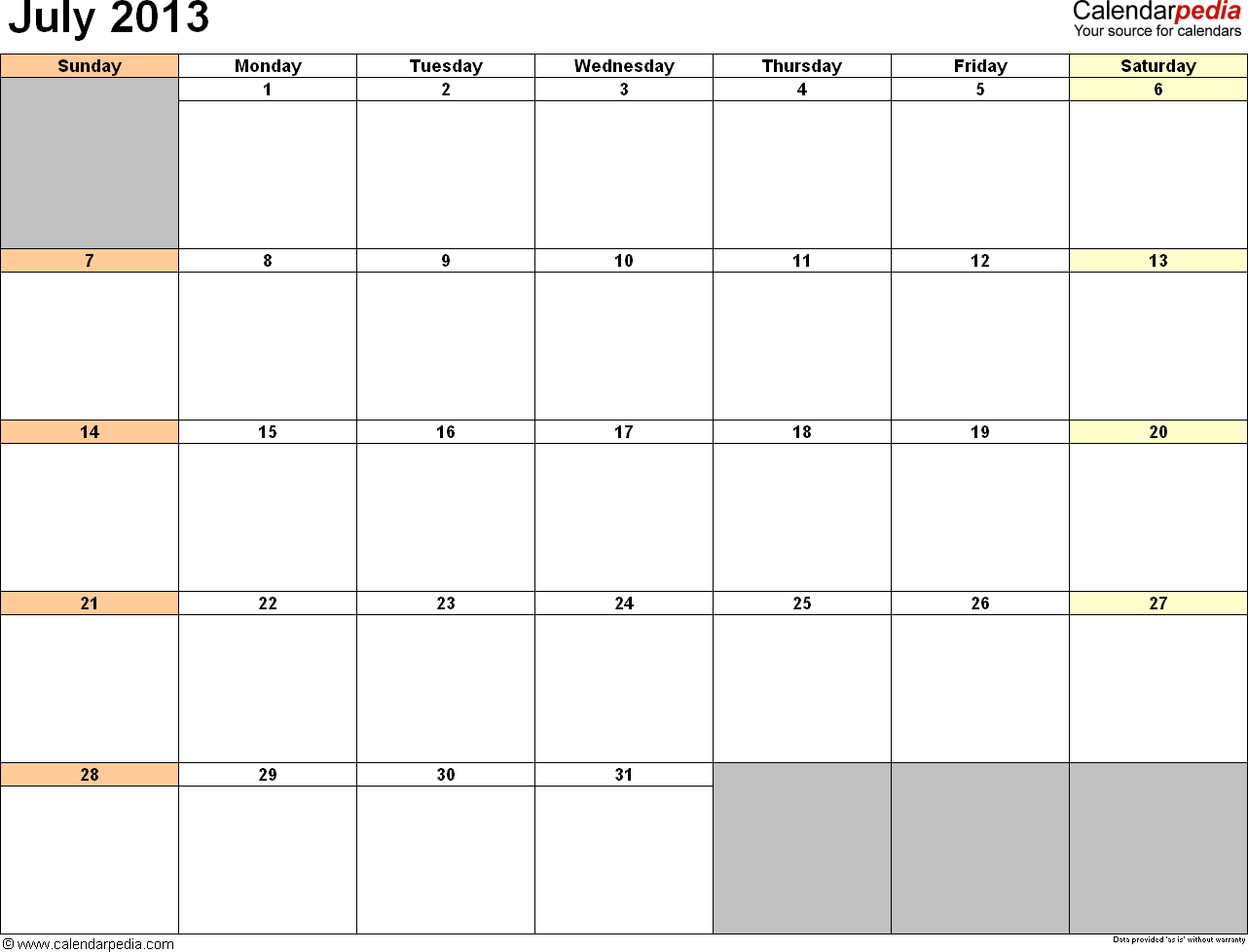 Calendar July 2013 Template