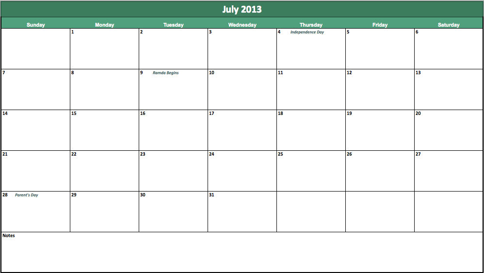 Calendar July 2013 Weekly