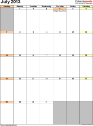 Calendar July 2013 With Holidays