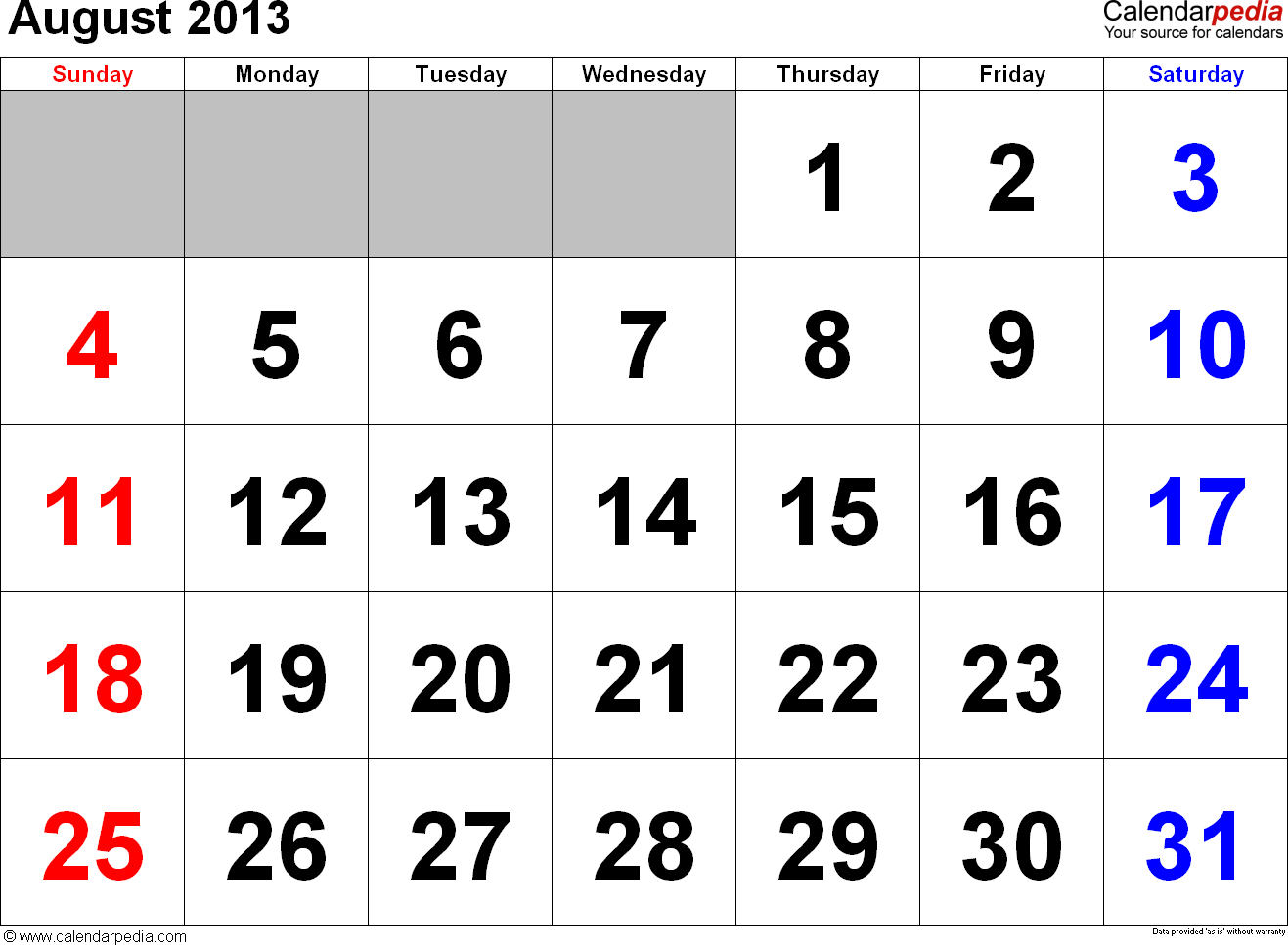 Calendar Template 2013 August