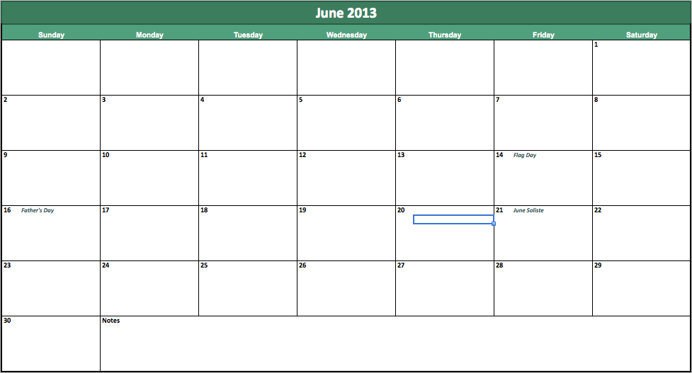 Calendar Template 2013 June July August