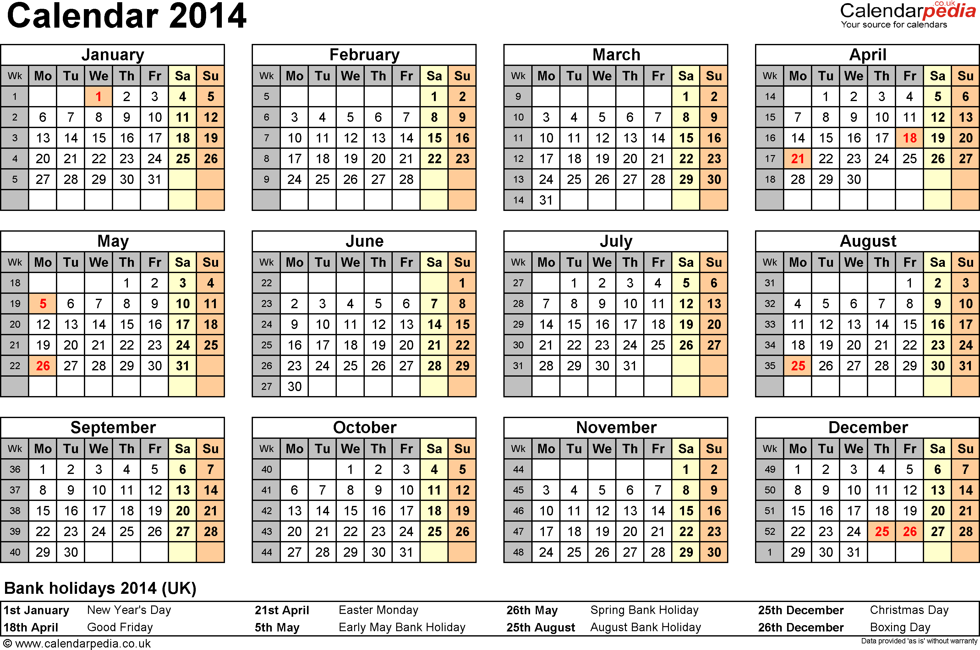 Calendar Template 2014 Excel