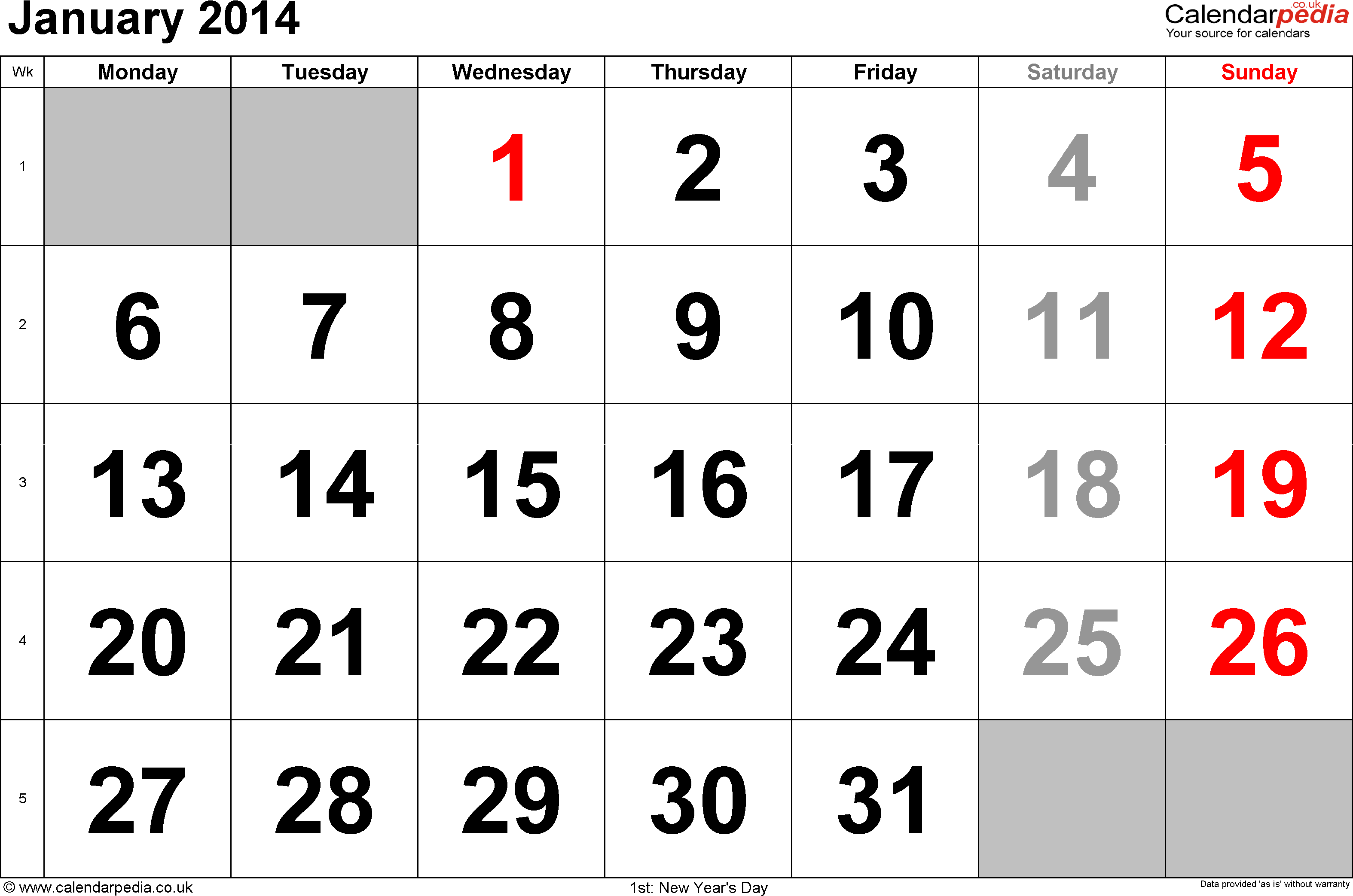 Calendar Template 2014 January