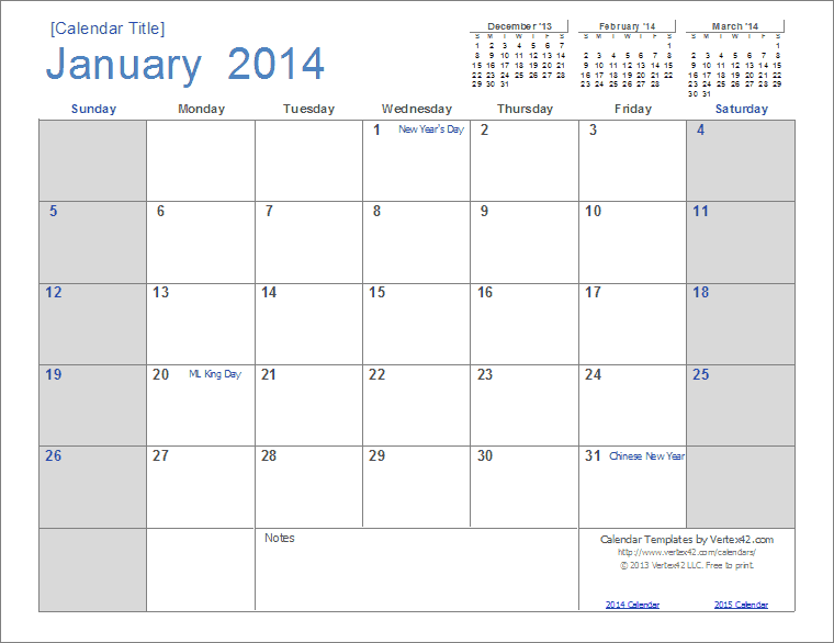 Calendar Template 2014 January