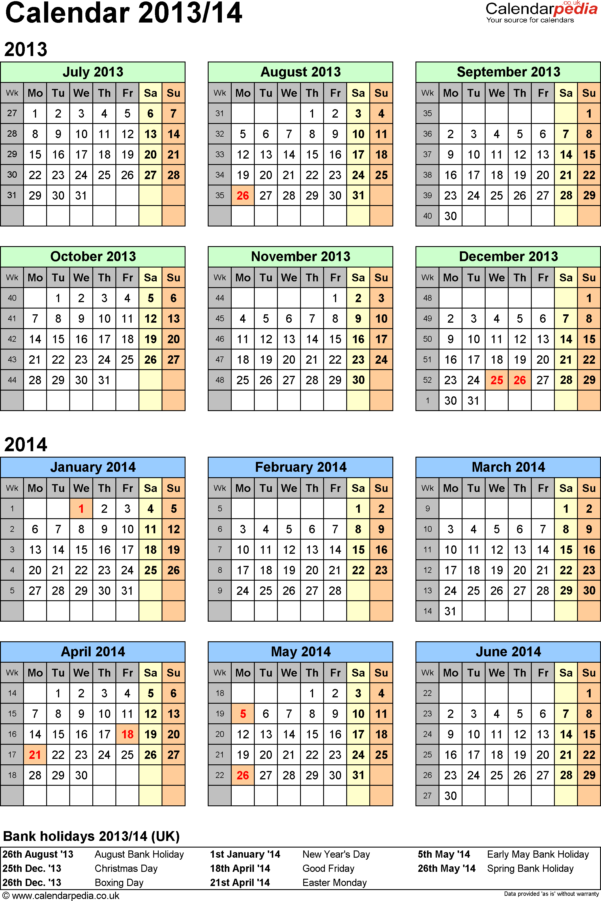 Calendar Template 2014 Yearly