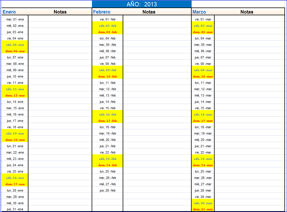 Calendario 2013 Excel