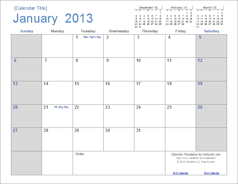 Calendario 2013 Excel Download