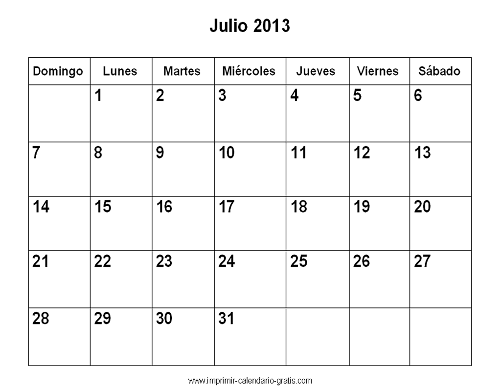 Calendario 2013 Julio