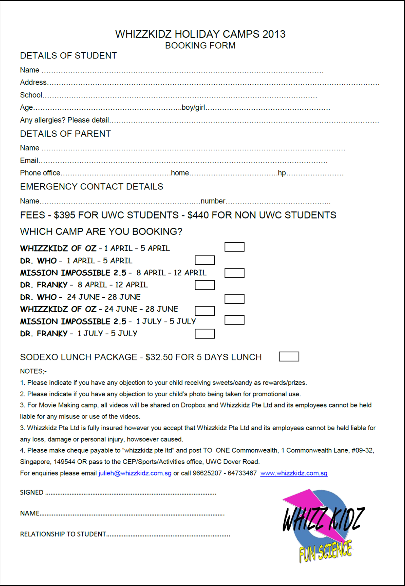 Camp Registration Form Template Word