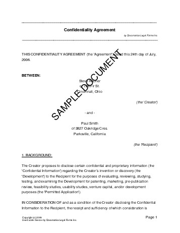 Confidentiality Agreement Sample Doc