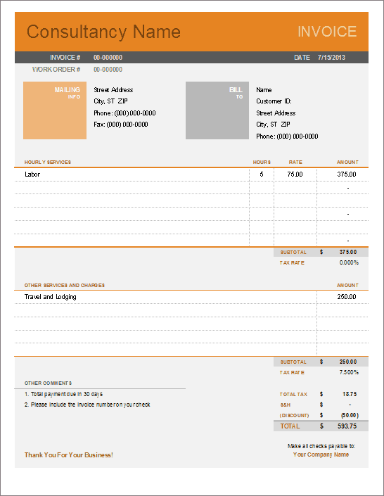 Consulting Services Invoice Template Excel