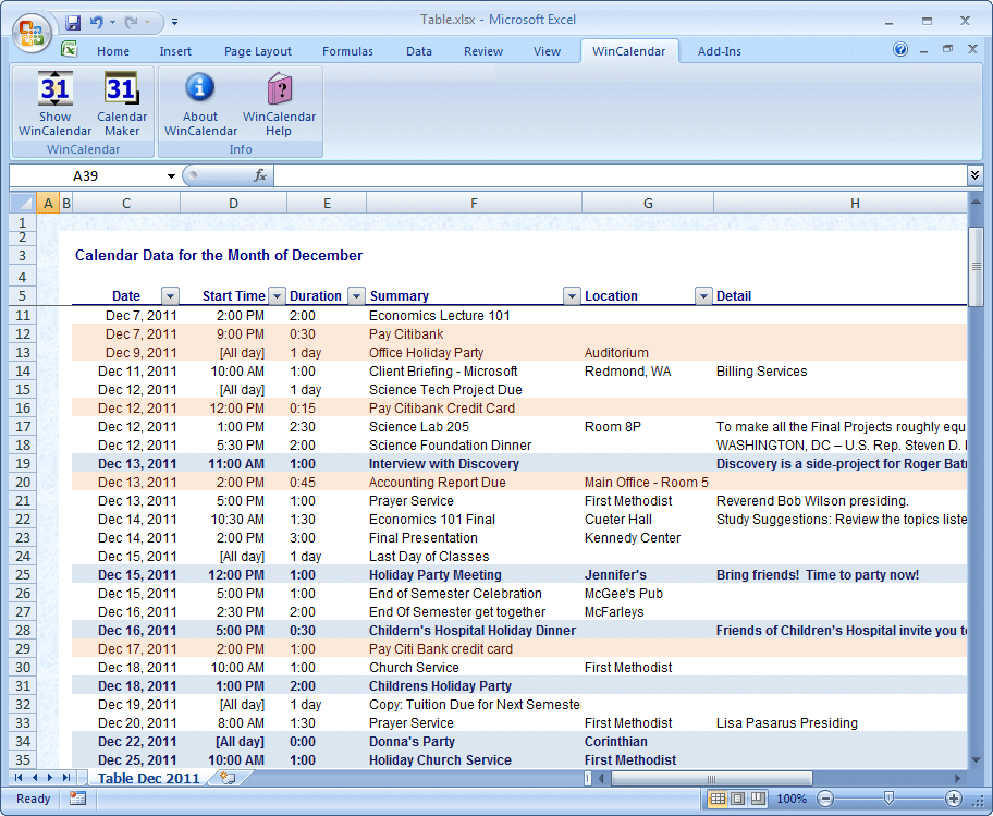 Event Calendar Template Excel