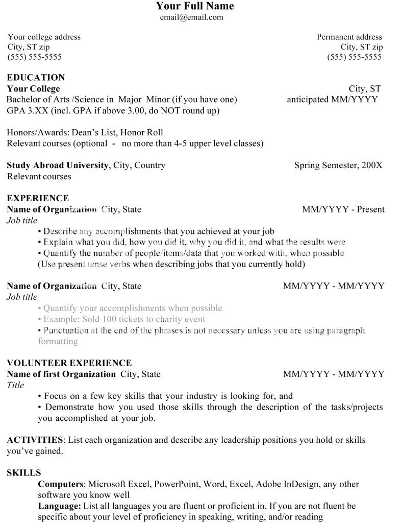 Examples Of Resumes For College Students