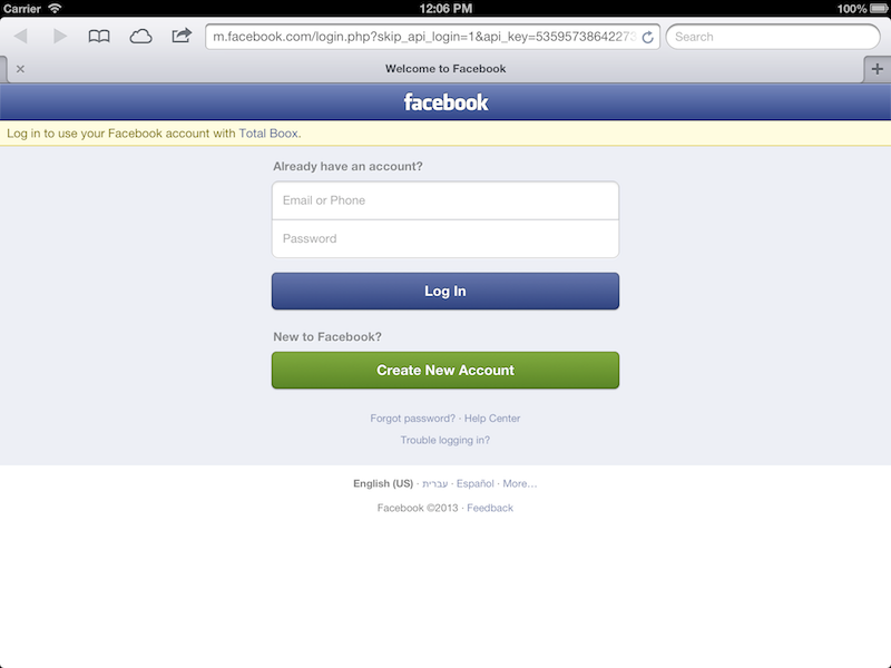 Facebook Login Screenshot