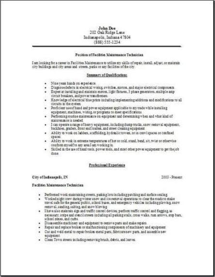 Facilities Maintenance Resume Sample