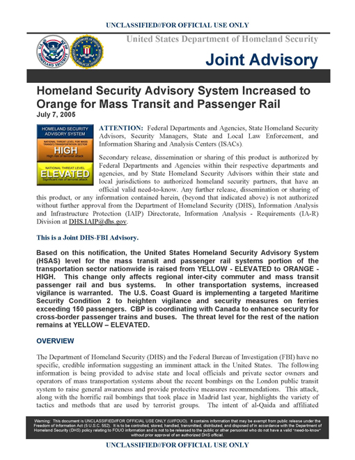 Homeland Security Advisory System Levels