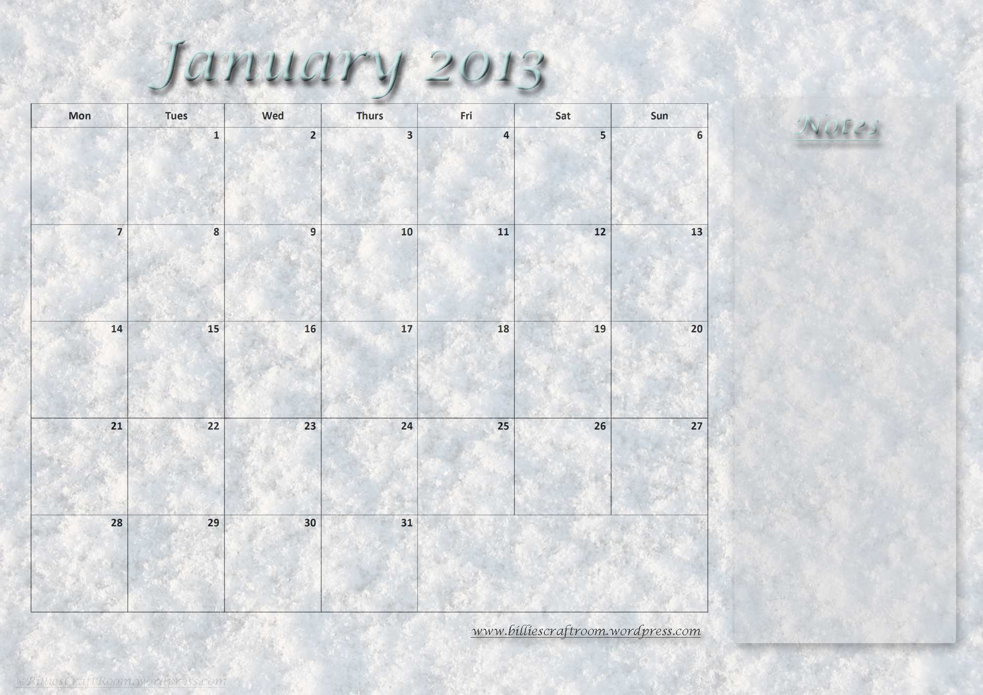 January 2013 Calendar Uk