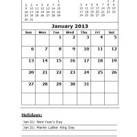 January 2013 Calendar With Holidays