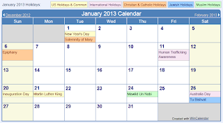 January 2013 Calendar With Holidays