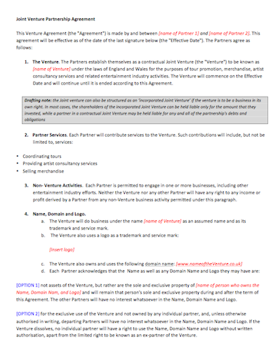 Joint Venture Agreement Sample