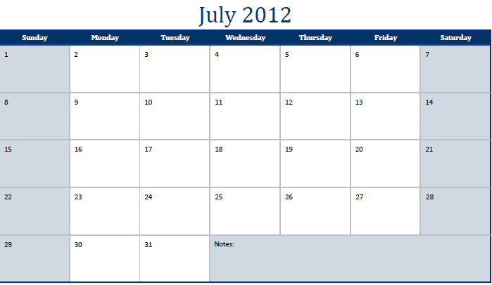 July Calendar 2012 Printable